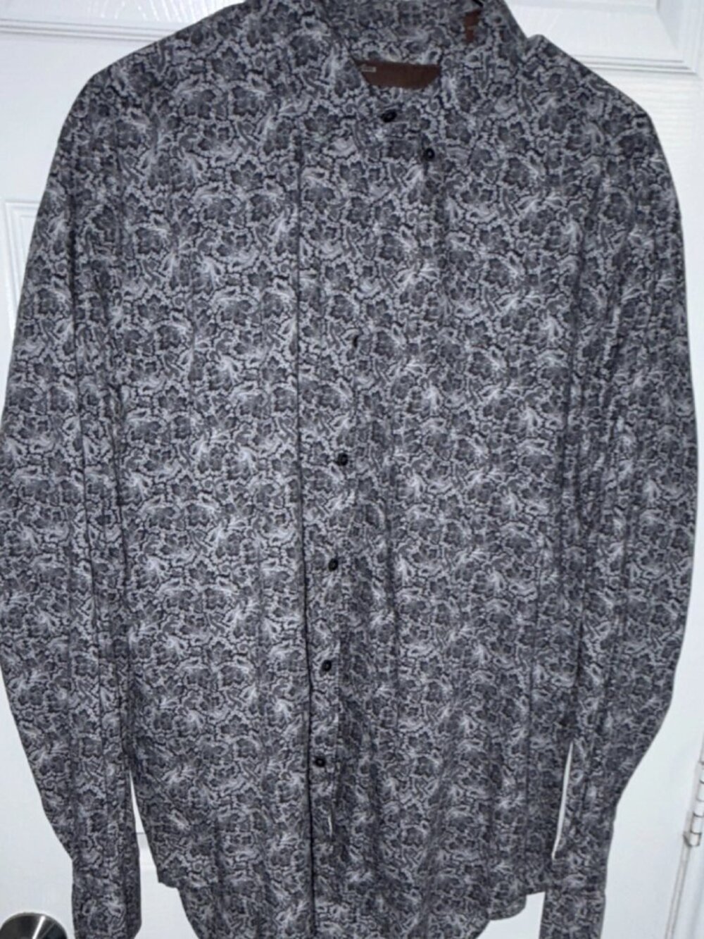 Perry Ellis XL Paisley Cotton Long Sleeve Button-Up Shirt Black Gray White